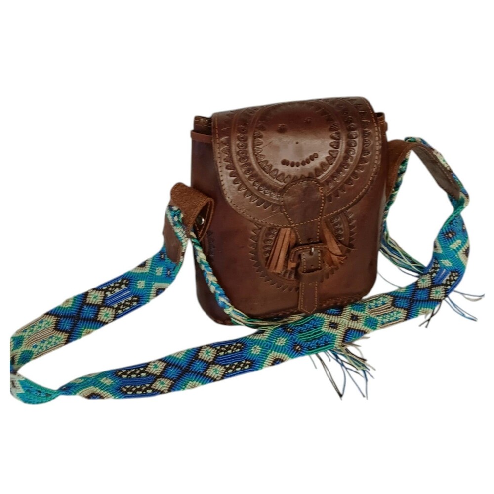 Leather Tooled Crossbody Purse Dark Brown With Turquoise  & Green Crochet Strap